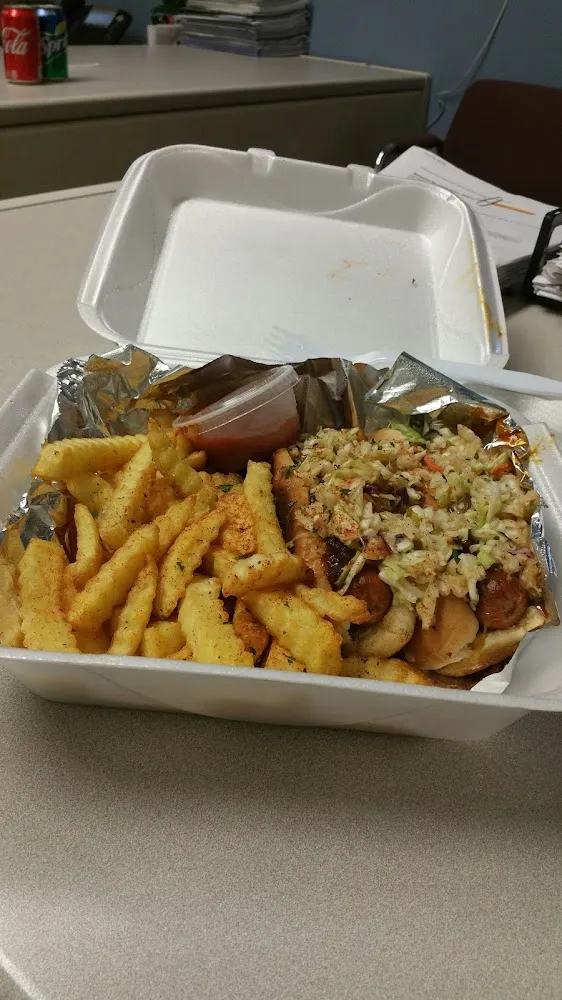 Chili Cheese Hot Dogs with Slaw and Fries