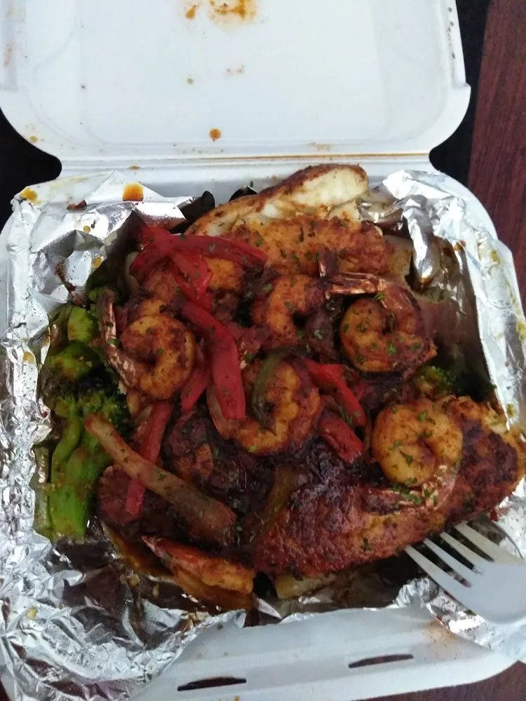Fish and Shrimp Plate Grilled with Broccoli